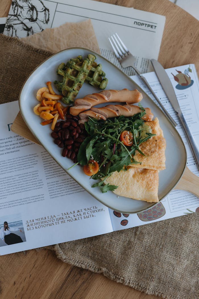 A flat lay of a wholesome breakfast including sausages, greens, beans, and a waffle on a plate.